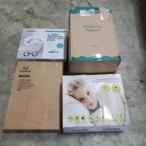 PALLET OF ASSORTED HOUSEHOLD GOODS AND PRODUCTS TO INCLUDE; HEATED BLANKET, TOILET SEATS, TOILET SEAT RISER, MATTRESS TOPPER, BOXED FURNITURE ETC