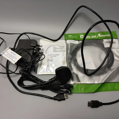 APPROXIMATELY 5 ASSORTED CABLES TO INCLUDE MINI HDMI TO HDMI CABLE, MINI DP TO HDMI ADAPTER, OEM POWER ADAPTER, ETC