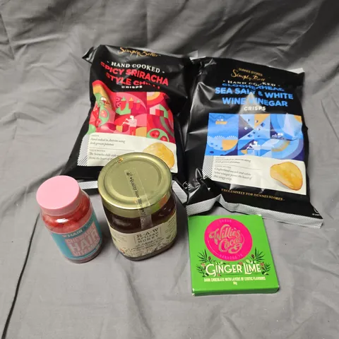 APPROXIMATELY 7 ASSORTED FOOD PRODUCTS TO INCLUDE DUNNES HAND COOKED CRISPS, GINGER LIME CHOCOLATE, ARTISAN HONEY ETC 