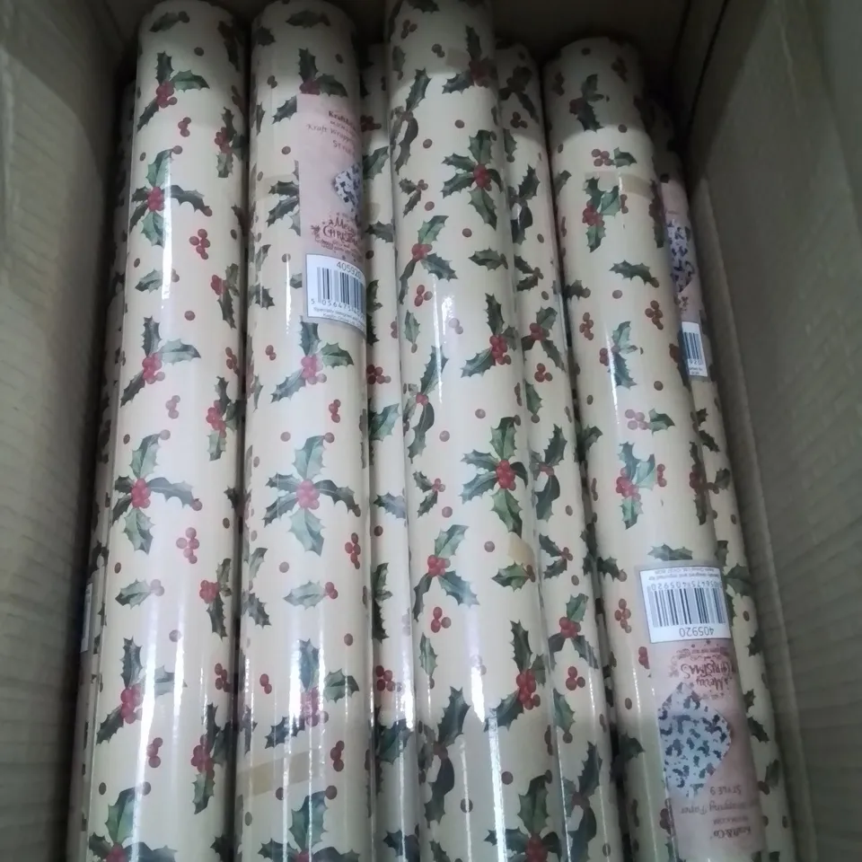BOX CONTAINING APPROXIMATELY 20 ROLLS OF WRAPPING PAPER 