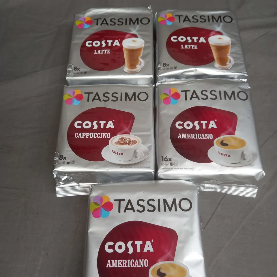 TASSIMO X5 PACKS COSTA COFFEE PODS IN LATTE, AMERICANO AND CAPPUCCINO