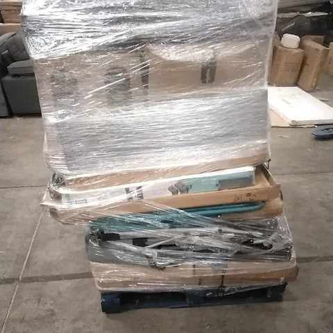 PALLET CONTAINING A LARGE QUANTITY OF ASSORTED HOUSEHOLD GOODS WHICH INCLUDE; PARASOL BASES, CAMPING WAGON, BOOSTER SEAT, FOLDING CHAIRS ETC