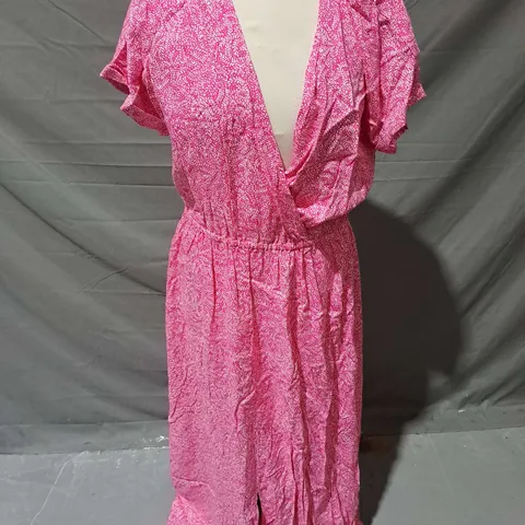 JOULES PLUNGE MIDI DRESS IN PINK PRINT SIZE 12