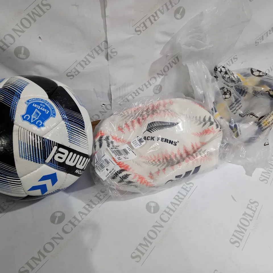 TWO FOOTBALLS AND A RUGBY BALL