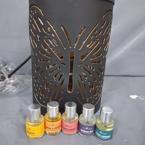 BRAND NEW BOXED TABLE DECORATIVE DIFFUSER LAMP WITH SET OF 10 AROMA OIL 5ML PEACOCK PATTERN