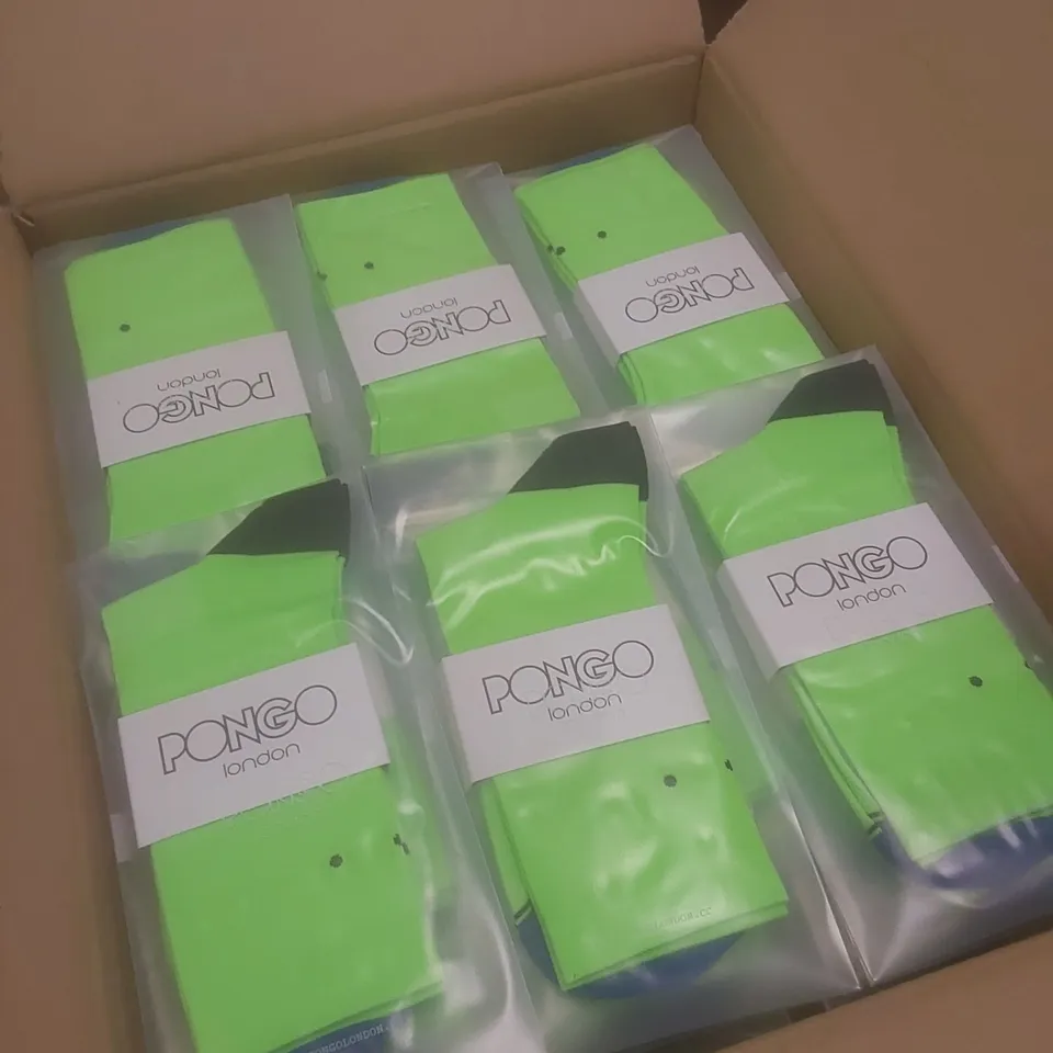 BOX TO CONTAIN APPROX 100 BRAND NEW PAIRS OF PONGO LONDON CYCLING SOCKS - FLURO GREEN // SIZE: L-XL // 1 PAIR PER PACK