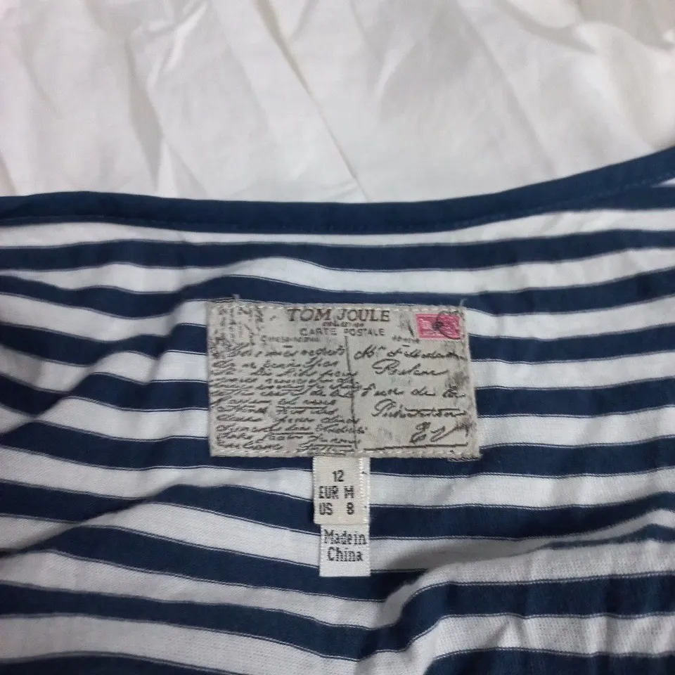 TOM JOULE STRIPED SLEEVELESS DRESS WITH NAVY BELT – NAVY & WHITE, UK 12