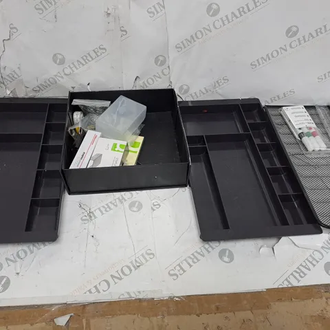 LARGE BOX OF ASSORTED OFFICE EQUIPMENT TOO INCLUDE STORAGE CONTAINERS AND CLIPBOARDS
