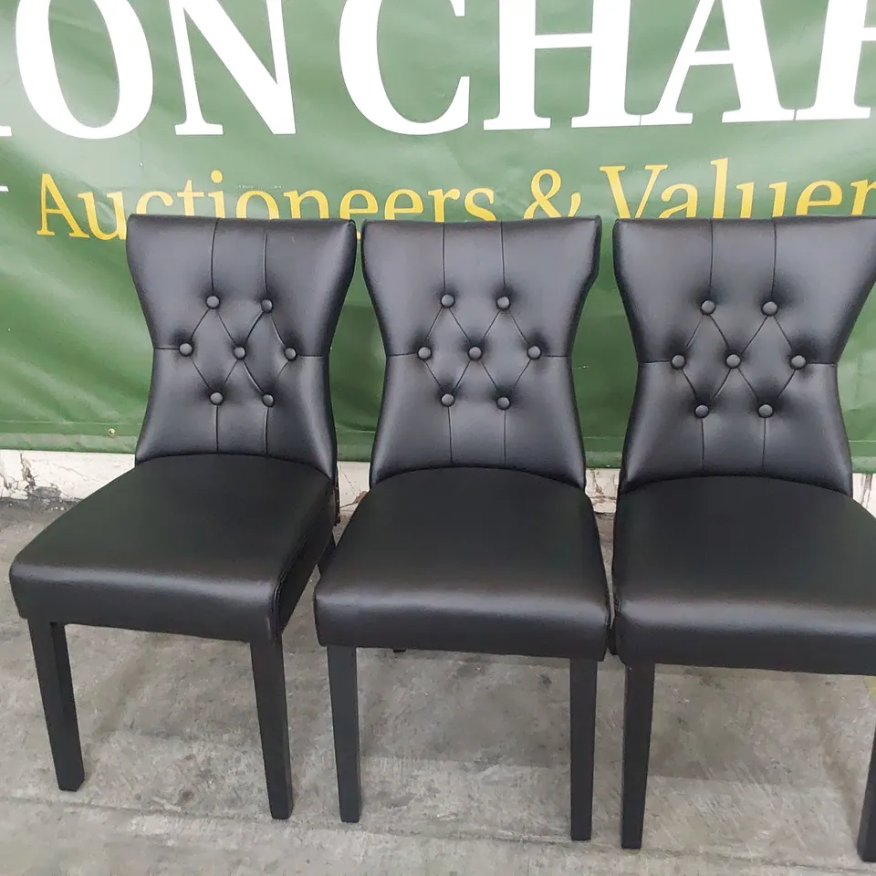 SET OF THREE UPHOLSTERED BUTTONED RING BACK DINING CHAIRS BLACK PU ON BLACK LEGS 