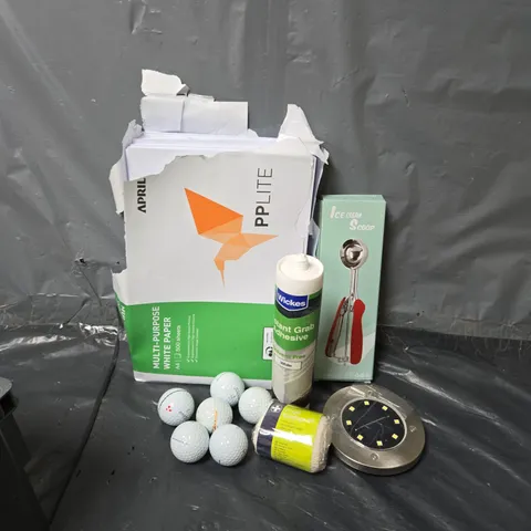 APPROXIMATELY 15 ASSORTED HOUSEHOLD ITEMS TO INCLUDE TITLEIST GOLF BALLS, INSTANT GRAB ADHESIVE, A4 MULTI-PURPOSE WHITE PAPER, ETC