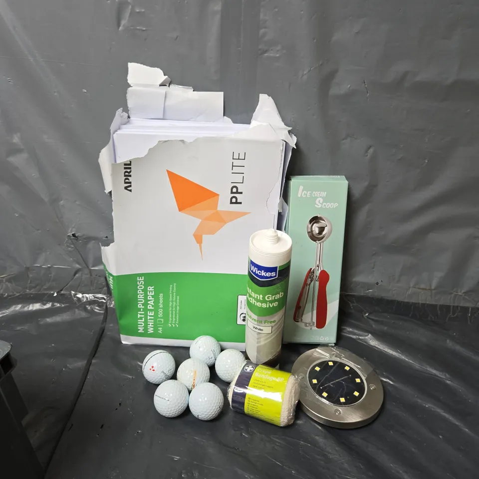 APPROXIMATELY 15 ASSORTED HOUSEHOLD ITEMS TO INCLUDE TITLEIST GOLF BALLS, INSTANT GRAB ADHESIVE, A4 MULTI-PURPOSE WHITE PAPER, ETC