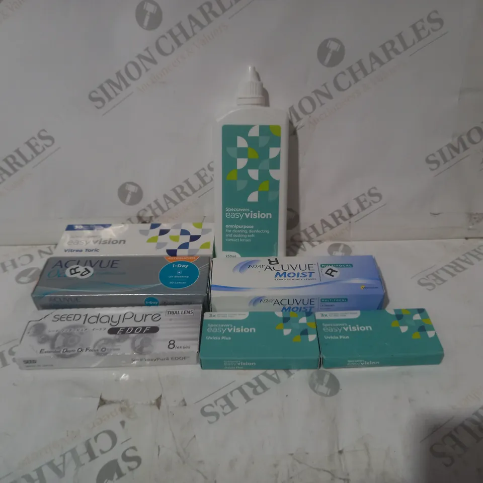 BOX OF APPROXIMATELY 40 ASSORTED CONTACT LENSES AND EYE TREATMENT TO INCLUDE EASY VISION, ACUVUE MOSIT AND EYE EXPERT 