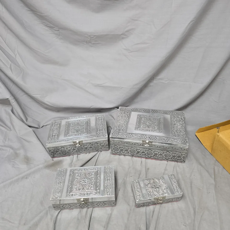 SET OF 4 ORNATE SILVER-TONE JEWELLERY BOXES WITH RED INTERIORS