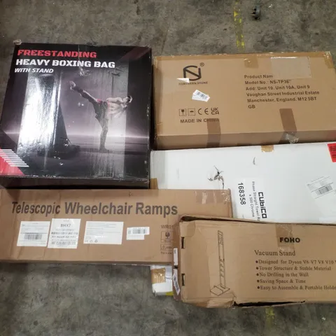 PALLET CONTAINING ASSORTED PRODUCTS INCLUDING HEAVY BOXING BAG, TRAMPOLINE, WHEELCHAIR RAMP, VACUUM STAND & STRAIGHT TOWEL RAIL