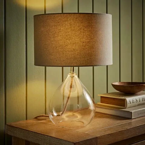 BOXED ELOISE NATURAL LINEN DRUM SHADE CLEAR GLASS TEARDROP TABLE LAMP (1 BOX)