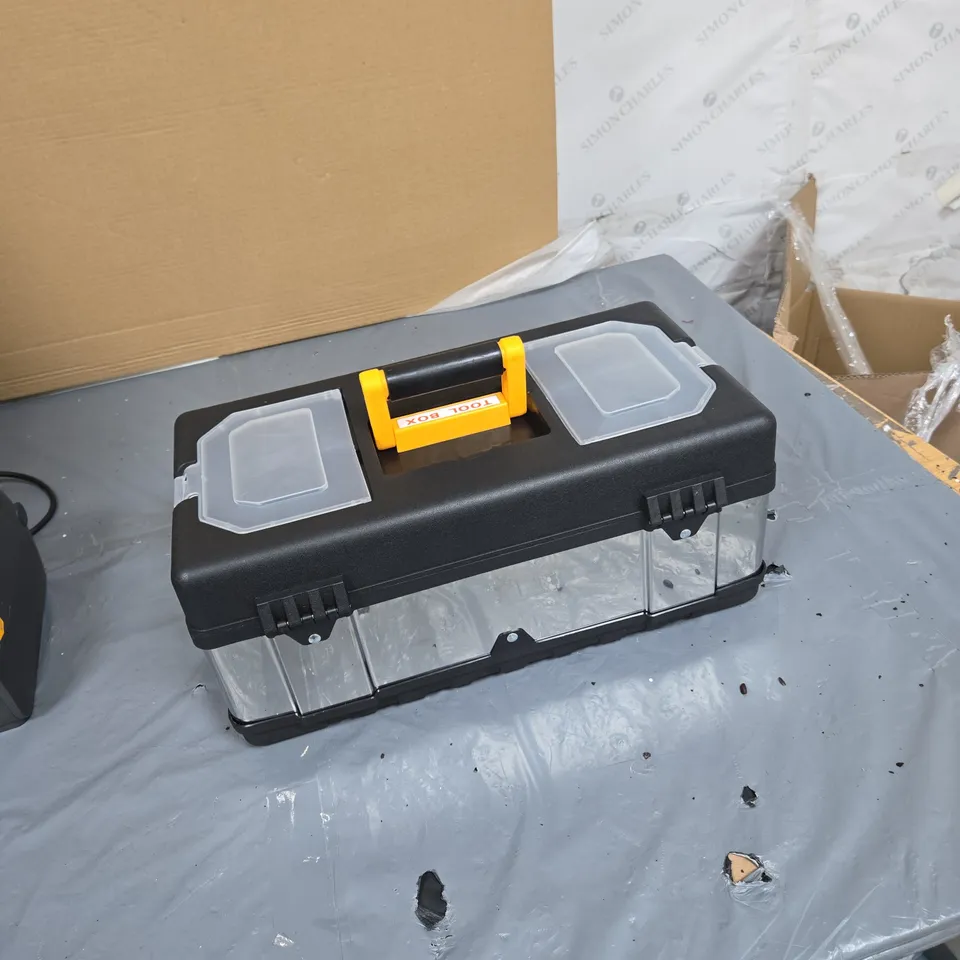 KAERD TOOL BOX WITH TWIN CLEAR COMPARTMENTS AND ORANGE HANDLE