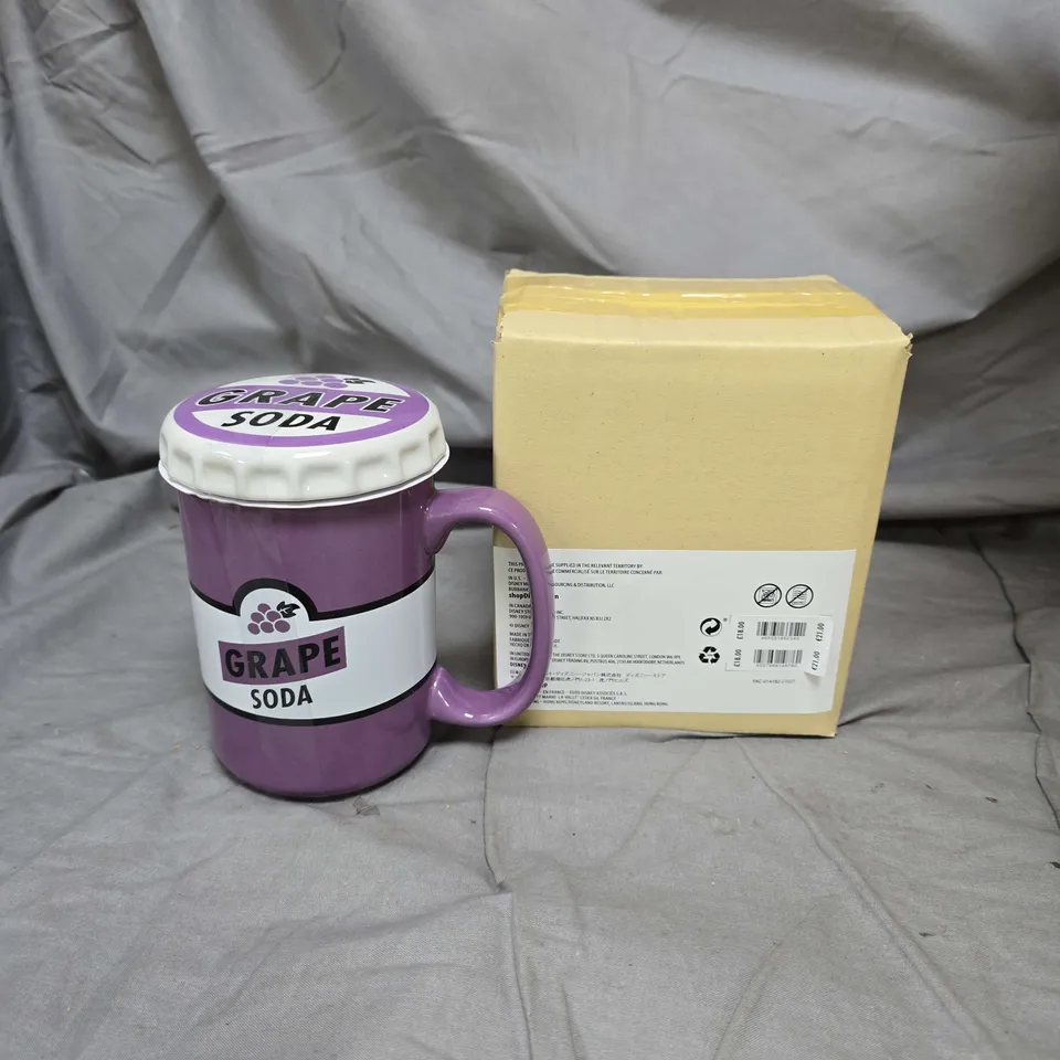 LOT OF 2 DISNEY GRAPE SODA MUGS WITH LIDS, PURPLE CERAMIC 