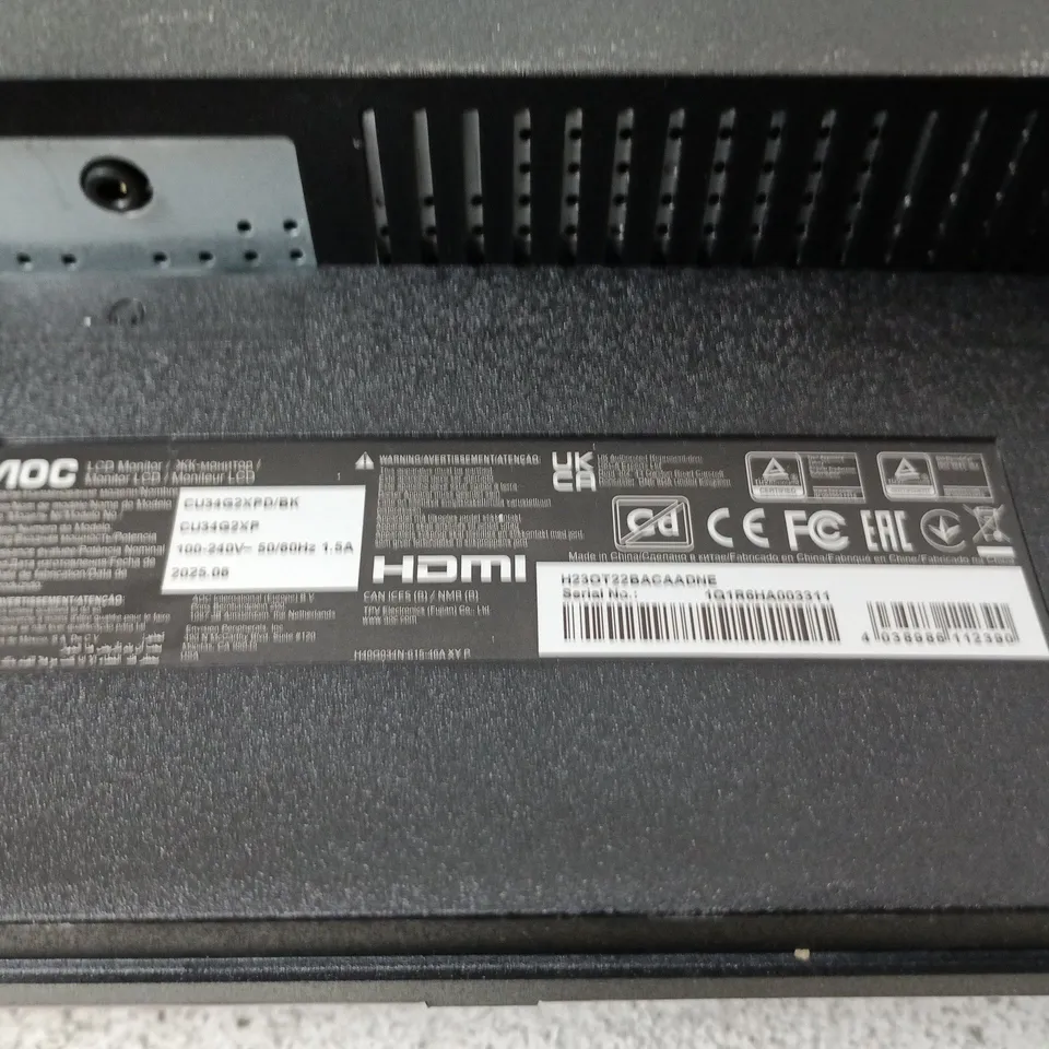 BOXED OC 34" CURVED MONITOR – HDMI – BLACK - POWERS ON - DAMAGED SCREEN
