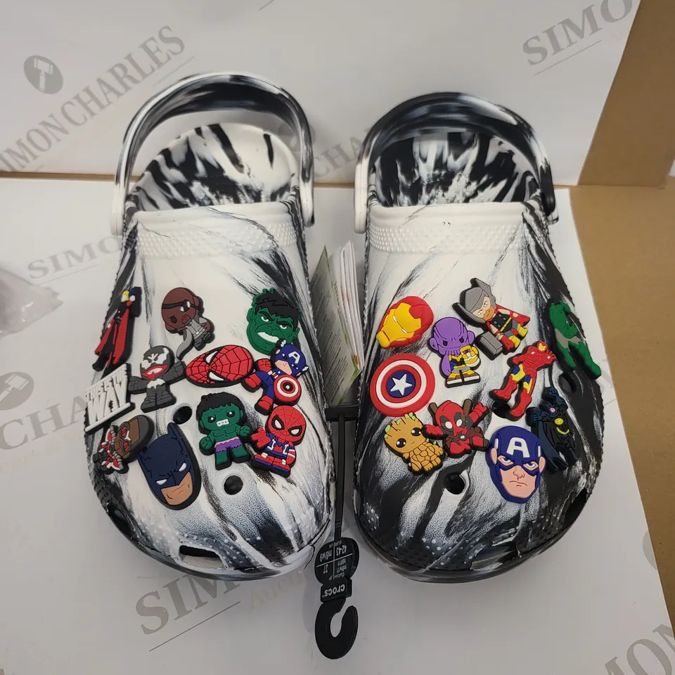CROCS CLASSIC MARBLED CLOGS WITH MARVEL/DC CHARACTERS - SIZE 8 UK
