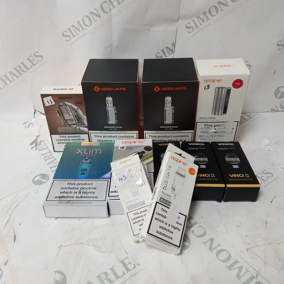 BOX OF APPROXIMATELY 10 ASSORTED E-CIG PRODUCTS TO INCLUDE GEEKVAPE, ASPIRE, VOOPOO 