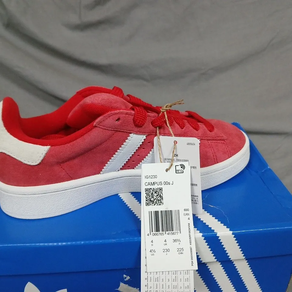 ADIDAS CAMPUS 00S J KIDS' SNEAKERS – RED SUEDE, UK4 (US4.5) – BOXED