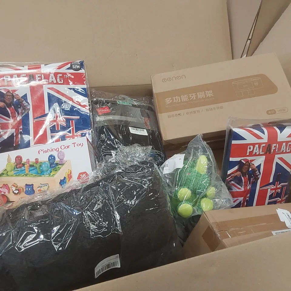 PALLET OF ASSORTED ITEMS INCLUDING: FISHING CAR TOY, MULTIFUNCTIONAL TOOTHBRUSH HOLDER, CLOTHING, TOYS, BLANKETS, SUN HATS ECT
