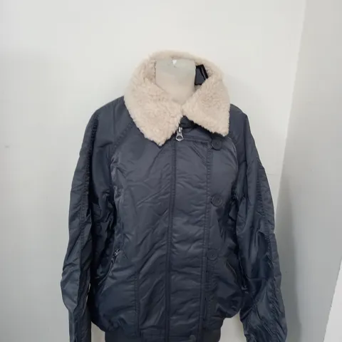 WEEKDAY ZIP AND BUTTON BOMBER JACKET WITH FAUZ FUR COLLAR SIZE S