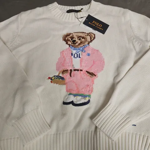 POLO RALPH LAUREN TEDDY BEAR KNIT JUMPER – CREAM WITH PINK SUIT - SIZE M 