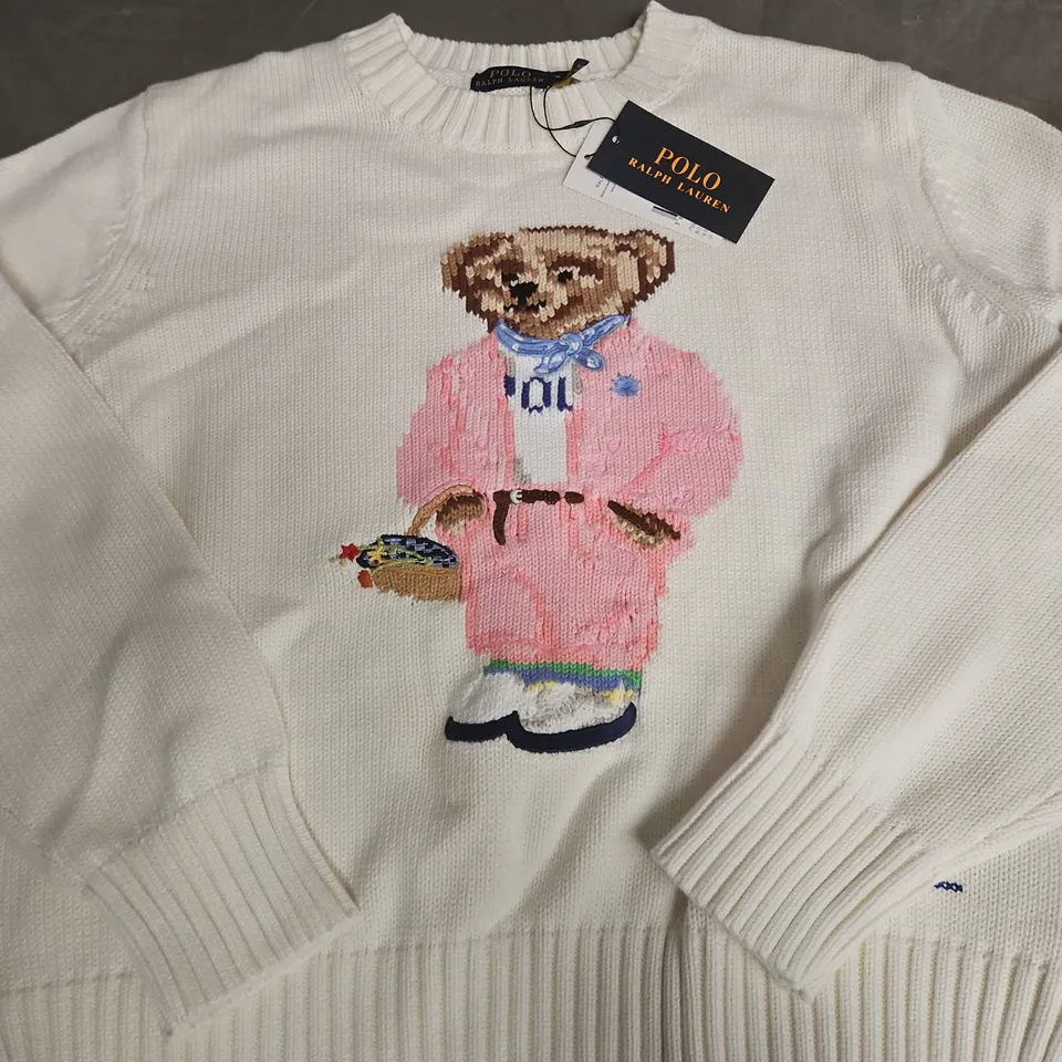 POLO RALPH LAUREN TEDDY BEAR KNIT JUMPER – CREAM WITH PINK SUIT - SIZE M
