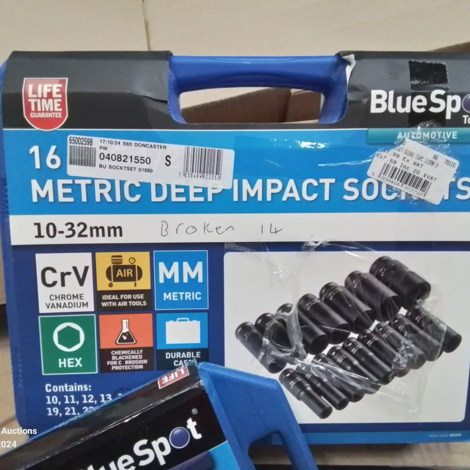 BOX CONTAINING MIXED TOOLS TO INCLUDE: BOXED BLUESPOT LONG ARM RIVET AND NUT RIVETER (M4-M10) SET,  16PC DEEP IMPACT SOCKET SET, 8 PC MICRO SOLDERING TERMINAL.