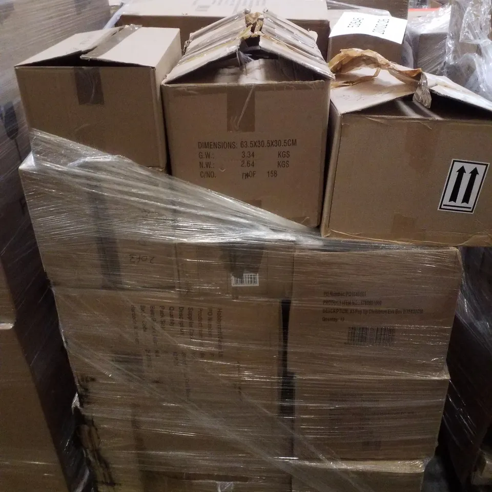 PALLET CONTAINING ASSORTED CHRISTMAS PRODUCTS & DECORATIONS INCLUDING GREEN TREE IN CLEAR BOTTLES, CHRISTMAS PAPER PADS, MACHE HOUSES & FELT GINGERBREAD LETTERS