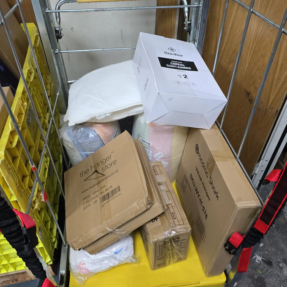 CAGE OF APPROXIMATELY 9 ASSORTED ITEMS INCLUDING AIR TIGHT SEAL CEREAL CONTAINERS AND VELVET HANGERS