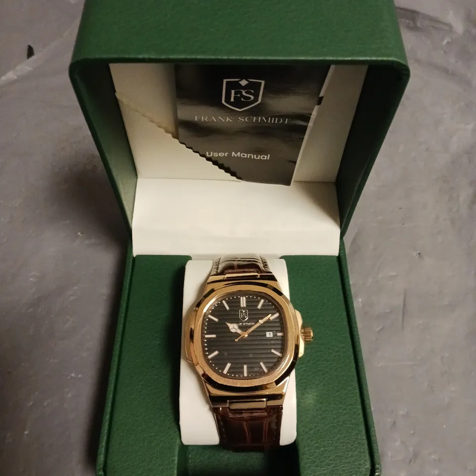 FRANK SCHMIDT BLACK DIAL GENTS WATCH WITH STAINLESS BACKCASE AND BROWN LEATHER STRAP IN BOX