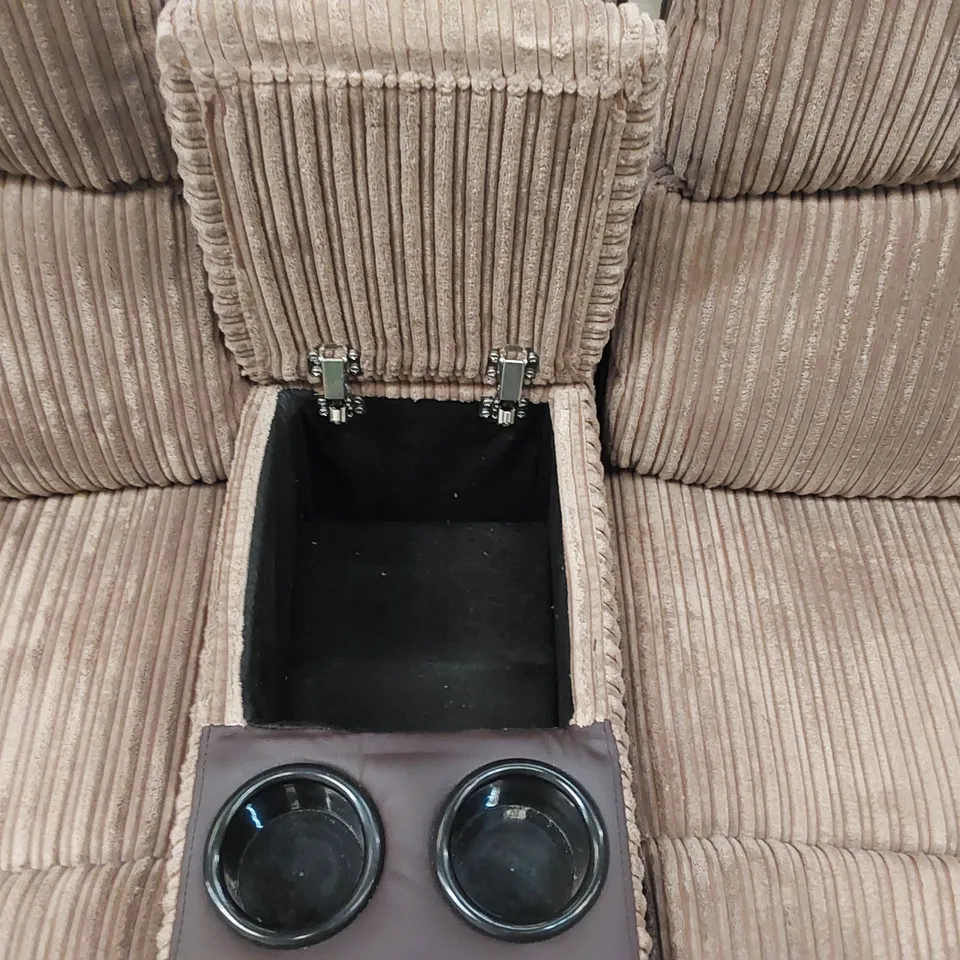 DESIGNER 2-SEATER UPHOLSTERED RECLINING SOFA WITH CUP HOLDERS