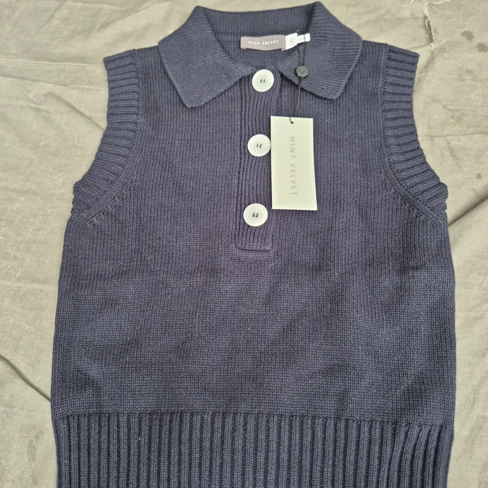 MINT VELVET COTTON COLLARED KNIT POLO - NAVY - SIZE XS