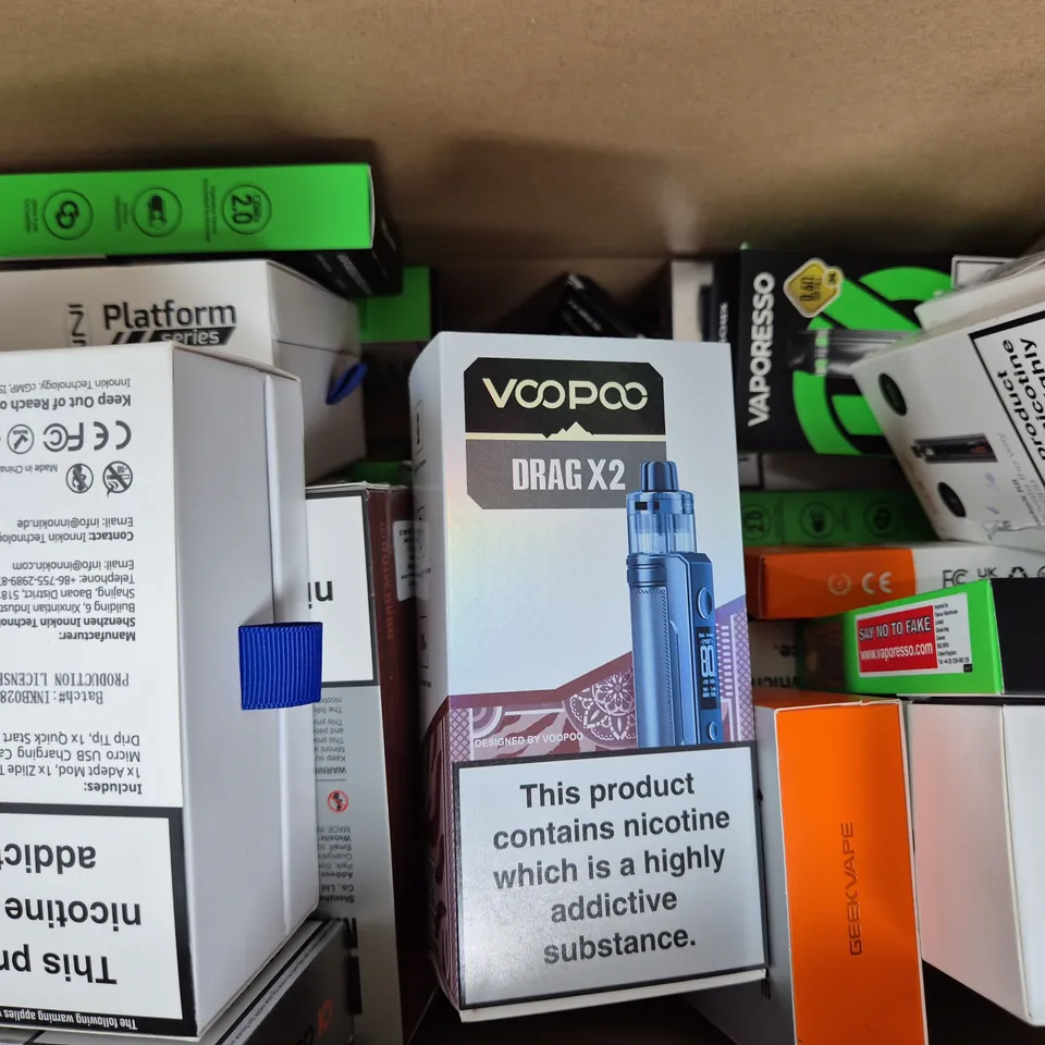BOX OF APPROXIMATELY 20 ASSORTED VAPING ITEMS AND PRODUCTS TO INCLUDE VAPORESSO, ASPIRE, ETC
