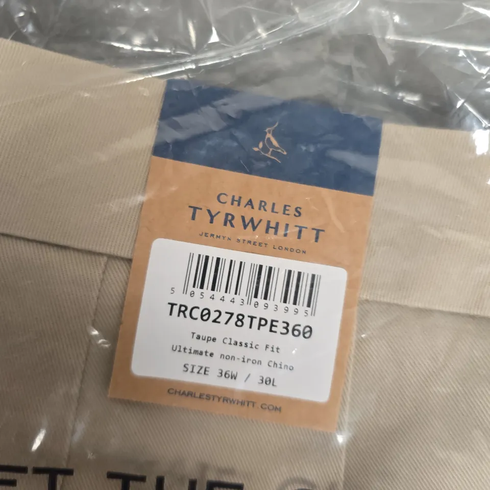 BAGGED CHARLES TYRWHITT TAUPE CLASSIC FIT ULTIMATE NON-IRON CHINOS – 36W X 30L