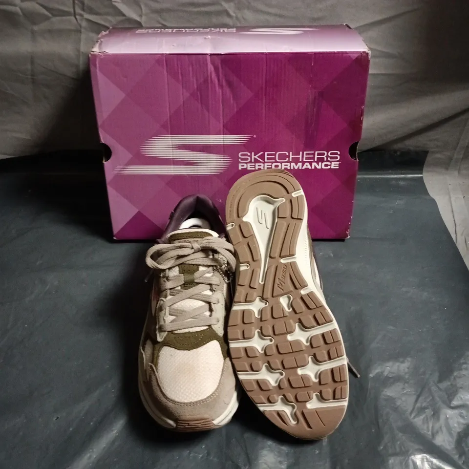 SKECHERS PERFORMANCE ULTRA LIGHT RUNNING SHOES – BEIGE/OLIVE, BOXED - SIZE UK 5 