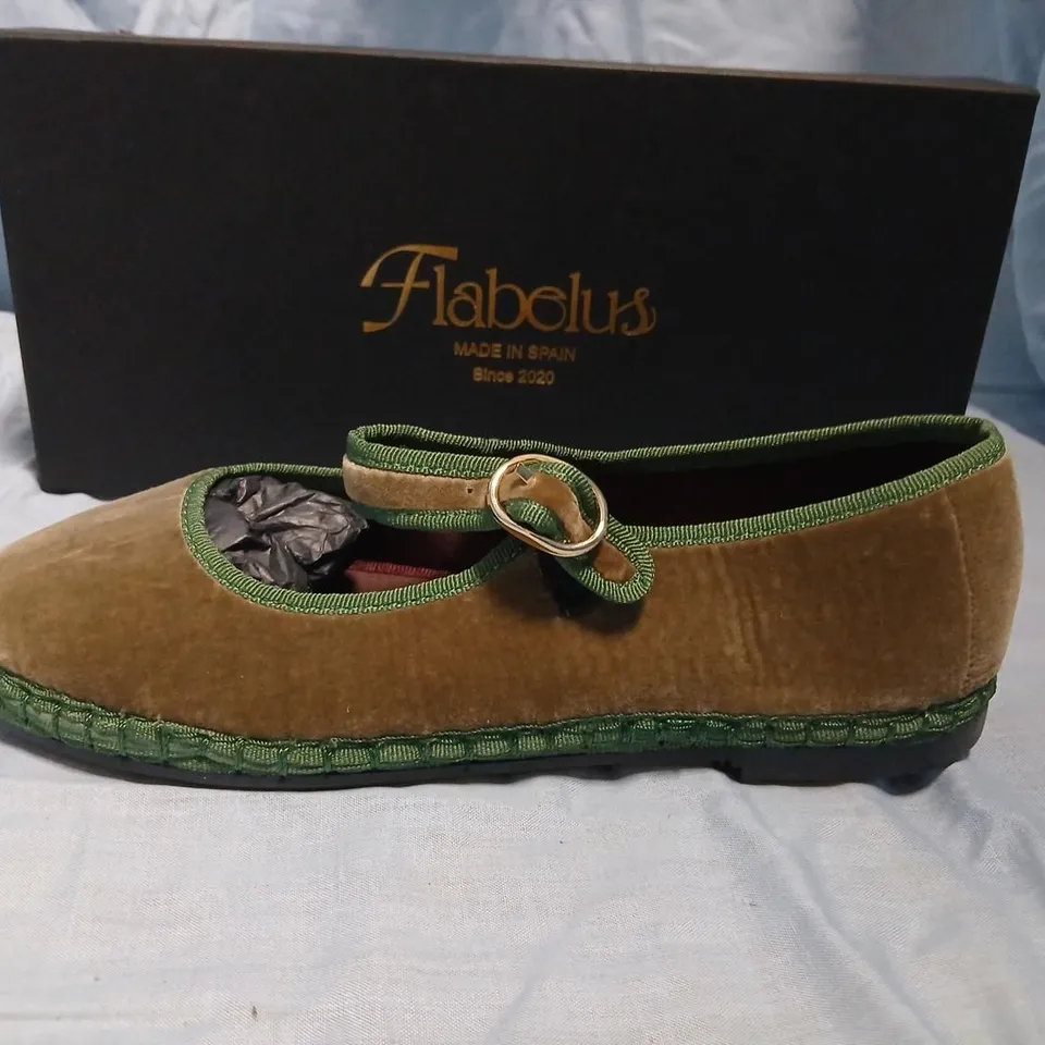 FLABELUS EYRE SHOES – WOMEN'S BROWN SUEDE WITH GREEN TRIM, UK 4 (EU 37), HANDMADE IN SPAIN