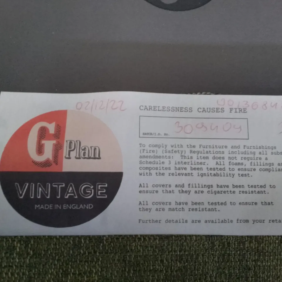 QUALITY DESIGNER G-PLAN VINTAGE 65 LARGE SOFA - MARL GREEN FABRIC 