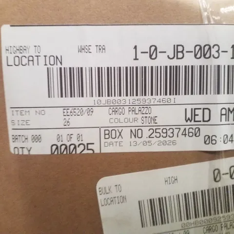 BOX CONTAINING APPROXIMATELY 25X BRAND NEW JD WILLIAM'S CARGO PALAZZO - COLOUR STONE - SIZE 26