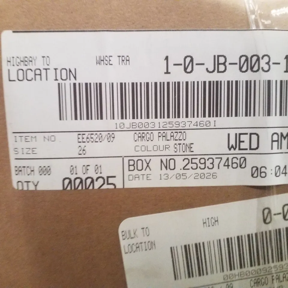 BOX CONTAINING APPROXIMATELY 25X BRAND NEW JD WILLIAM'S CARGO PALAZZO - COLOUR STONE - SIZE 26