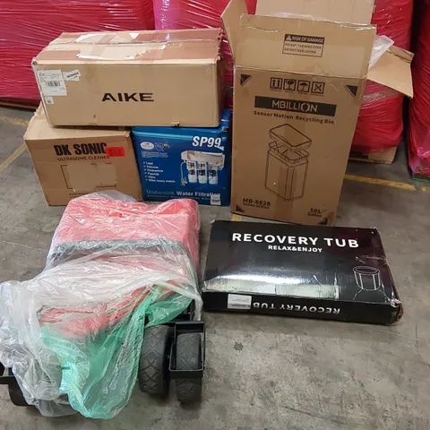 PALLET OF ASSORTED CONSUMER PRODUCTS TO INCLUDE; AIKE ELECTRIC HAND DRYER, UNDERSINK WATER FILTER, MOTION SENSOR RECYCLING BIN, CART, PORTABLE BATHTUB ECT