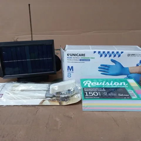 TOTE OF APPROXIMATELY 15 ASSORTED ITEMS TO INCLUDE SOLAR SAFETY LIGHT, UNICARE GLOVES, CAN OPENER ETC