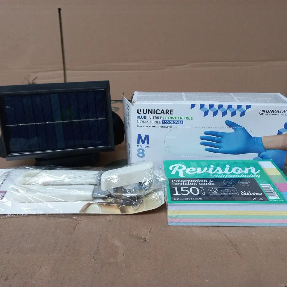 TOTE OF APPROXIMATELY 15 ASSORTED ITEMS TO INCLUDE SOLAR SAFETY LIGHT, UNICARE GLOVES, CAN OPENER ETC