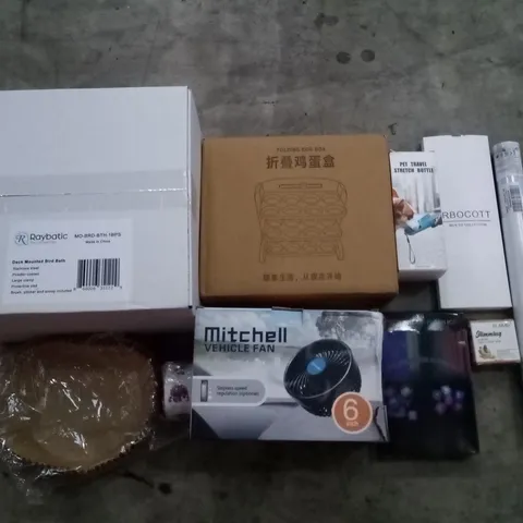 PALLET OF 6 BOXES CONTAINING ASSORTED ITEMS INCLUDING MEN'S TIE, WINDOW FILM, DINOSAUR STICKERS, VEHICLE FAN, AIR FRYER LINERS, DESK MOUNTED BIRD BATH