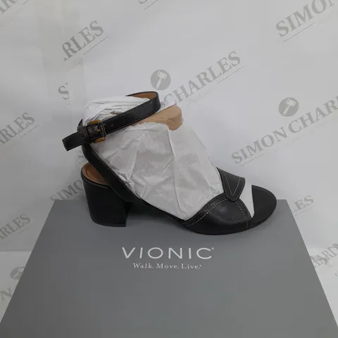 BOXED PAIR OF VIONIC BLACK BLOCK HEELS SIZE UNSPECIFIED