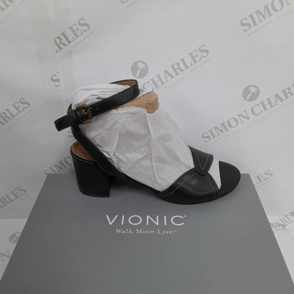 BOXED PAIR OF VIONIC BLACK BLOCK HEELS SIZE UNSPECIFIED 