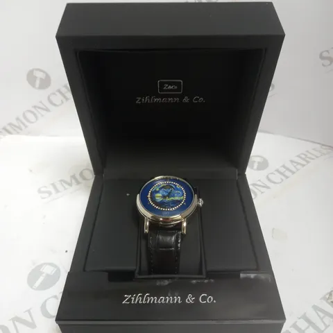 MENS ZIHLMANN & CO AUTOMATIC WATCH β Z150 β MOONPHASE DIAL β GLASS EXHIBITION BACKCASE - SILVER COLOUR CASE β BLACK LEATHER STRAP