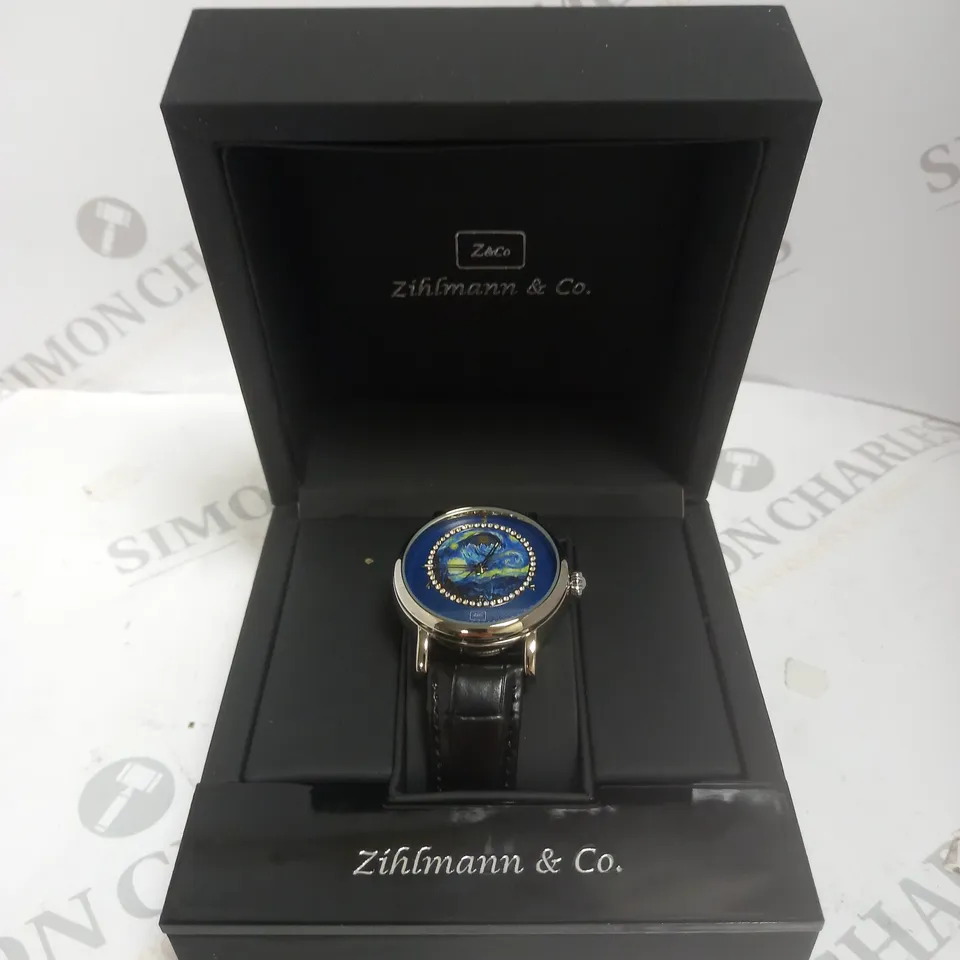 MENS ZIHLMANN & CO AUTOMATIC WATCH – Z150 – MOONPHASE DIAL – GLASS EXHIBITION BACKCASE - SILVER COLOUR CASE – BLACK LEATHER STRAP